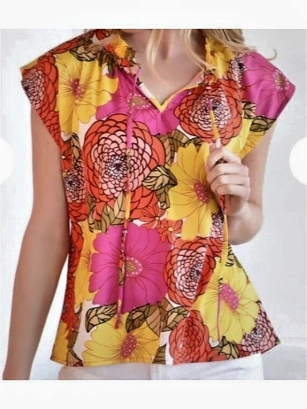 THML Orange Brighten My Day Sleeveless Multicolor Floral Top Blouse Size S